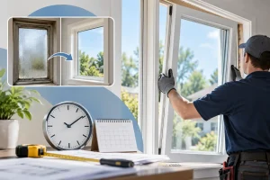 Old window being replaced with a new energy-efficient window during professional installation.